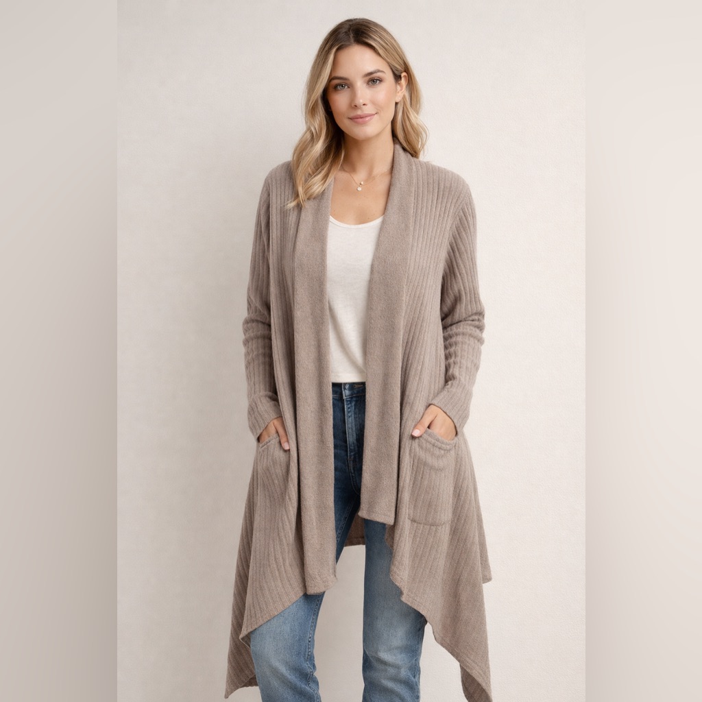 Barefoot Dreams Cozychic Ribbed Waterfall Cardigan M Taupe Open Front Oversized